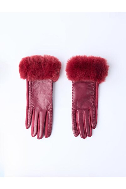 Jimmy Key Burgundy Leather-Look Plush Detailed Gloves