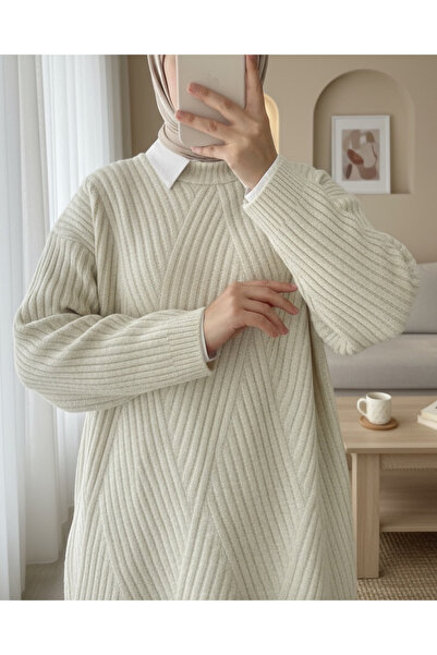 Modamorfo Gestrickte Strick-Tunika mit Rautenmuster – Stein