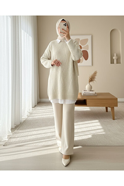 Modamorfo Gestrickte Strick-Tunika mit Rautenmuster – Stein