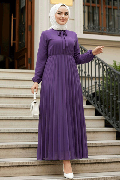 Neva Style Plum Hijab Dress with Tie Collar 50351MU