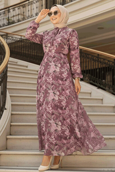 Neva Style Φόρεμα Hijab με μοτίβο λουλουδιών σε σκούρο ροζ αποξηραμένο χρώμα 279014KGK