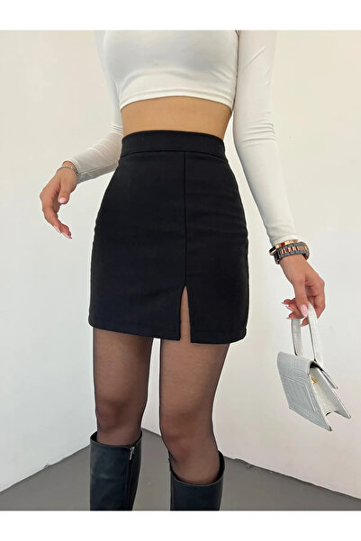 VİSSA 10 NUMARA MODA Жіноча чорна еластична тканина міні-спідниця з розрізом 10NMR4171