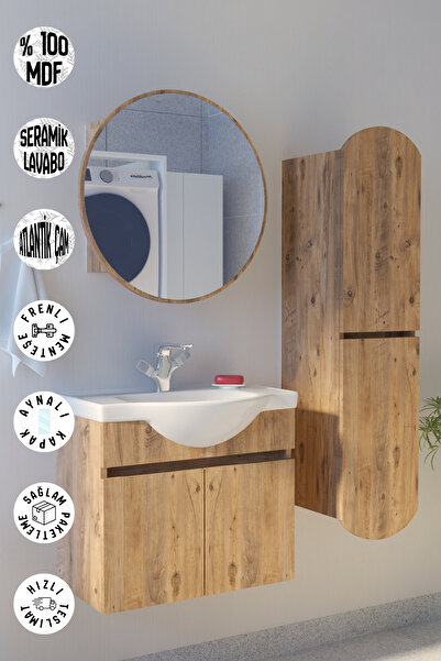 makbulce Erciyes Havlu Dolaplı 65cm Seramik Lavabolu MDF Oval Aynalı Banyo Dolabı