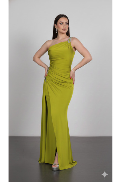 CAREZZA Dralithe - Taş Şeritli Drapeli Parlak Kumaşlı Abiye Elbise