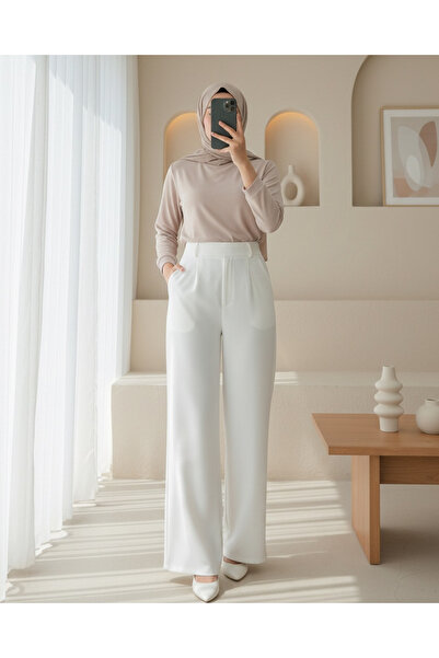 Modamorfo Beli Hook and Loop Detail Pipe Leg Fabric Trousers - White