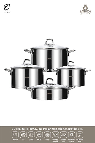 Amboss طقم أواني طهي من الفولاذ المقاوم للصدأ مكون من 8 قطع مع أغطية زجاجية