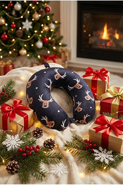 Wexta Seyahat Boyun Yastığı Yılbaşı Çam Ağacı ve Geyik Temalı SİYAH Visco - H...