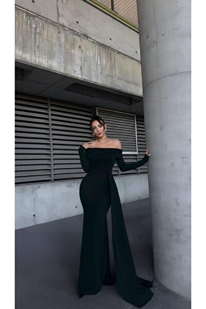 Modafeminen Off the Shoulder Long Evening Dress Flowres Fabric Emerald 583267