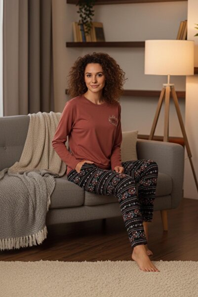 PİJAPİA Γυναικείο Σετ Πιτζάμες Μακρυμάνικο Καφέ