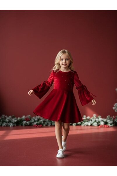 Zekids Rochie pentru fete din catifea cu mâneci cu perle