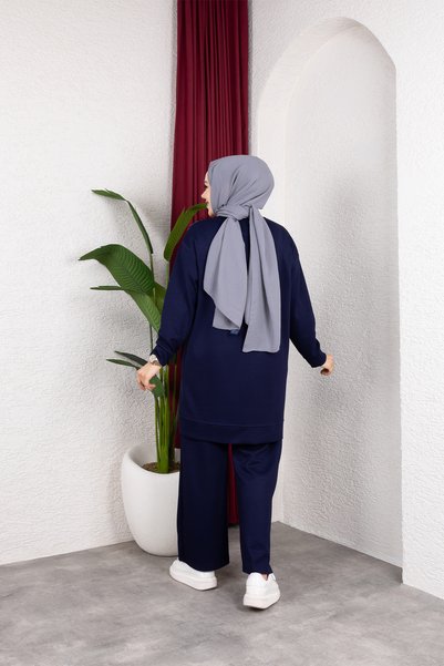 Sfg Life Moda Women's Navy Hijab Clothing Elegant Stone-Embellished Tunic & Trousers Two-Piece Set