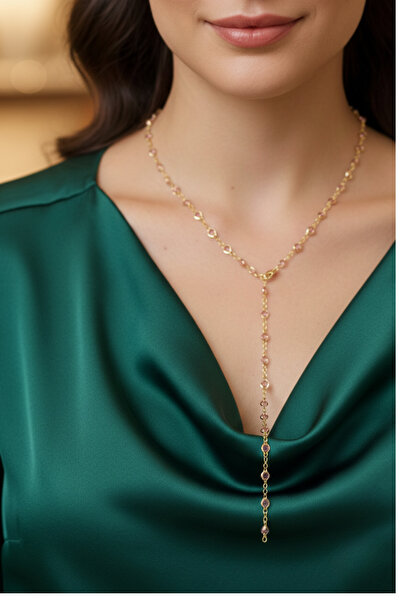 Birmem Kadın Gold Rengi Pembe Kristal Taşlı Y Model Çelik Kolye