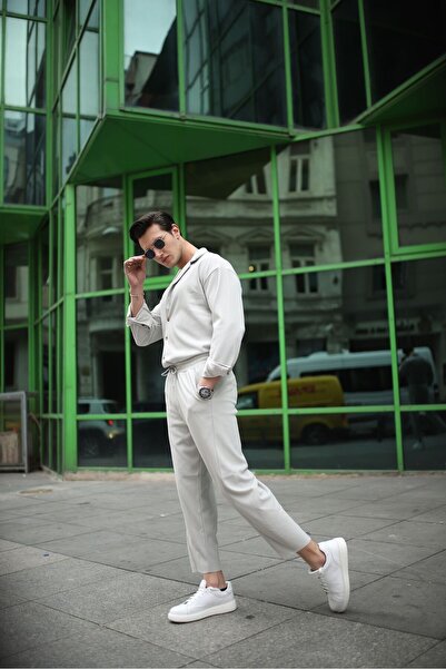 MODEFENDİ طقم قميص علوي وسفلي رجالي باللون الرمادي بنمط غير متماثل ونمط مموج