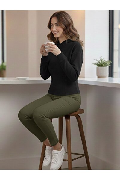 Sortie Women's Ribbed Knit Detailed Midi Length Two Thread Black Color Ka Hooded Sweatshirt