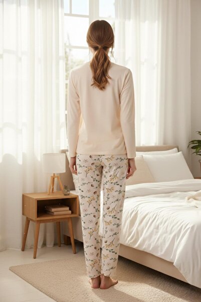 PİJAPİA Women's Ecru Long Sleeve 100% Cotton Pajama Set Comfortable and Soft Texture