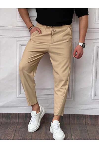 MODEFENDİ Erkek Krem Asimetrik Paça Relaxed Kalıp (geniş Kalıp) Fitil Desenli...