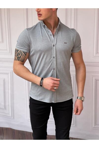 Phimoda Erkek Gri Slimfit Merserize Pamuk Kısa Kollu Gri Gömlek