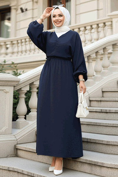N.S NEVA STYLE Lacivert Tesettür Müslin Elbise 19033L