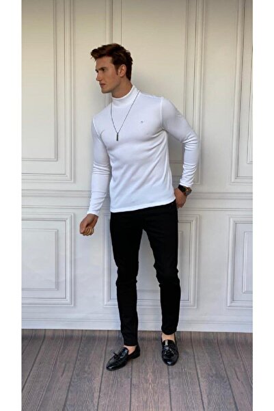 MODEFENDİ Pulover italian alb, slim fit, pentru bărbați, cu guler pe jumătate...