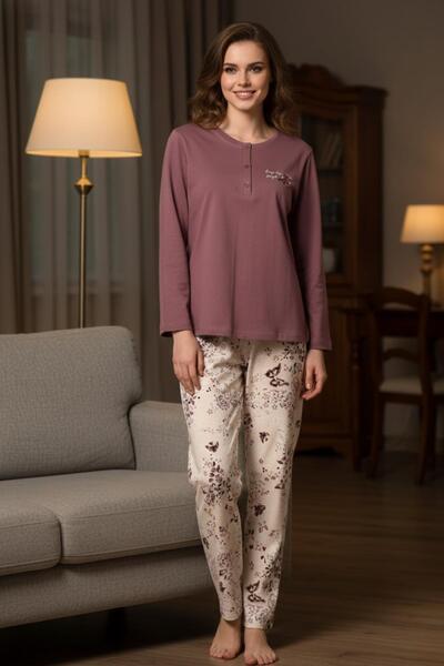 PİJAPİA Γυναικείο σετ πιτζάμες Dusty Rose 100% βαμβακερό μακρυμάνικο σετ πιτζ...