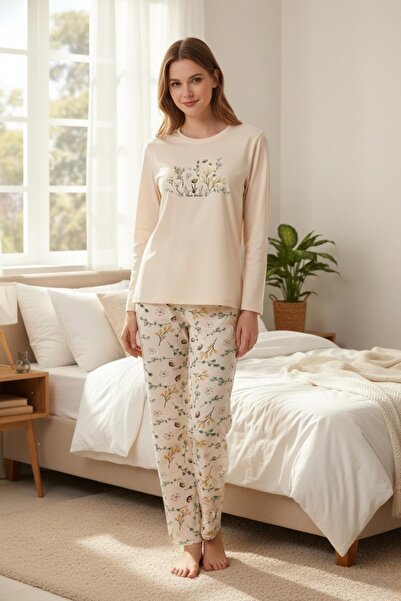 PİJAPİA Women's Ecru Long Sleeve 100% Cotton Pajama Set Comfortable and Soft Texture