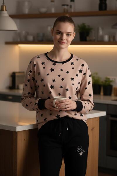 PİJAPİA طقم بيجامة نسائي من القطن بنسبة 100% بأكمام طويلة ونقشة نجمة باللون البيج، مريح وناعم الملمس