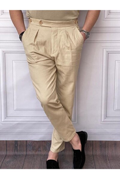 MODEFENDİ Men's Beige Single Pleat Baggy Cut Knitted Pattern Fabric Trousers