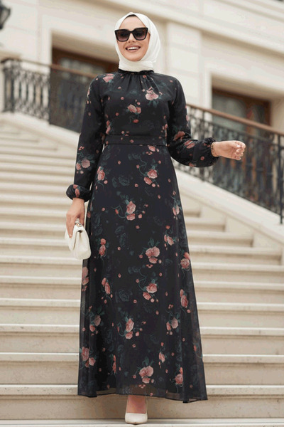 Neva Style Floral Patterned Black Hijab Dress 279908 S