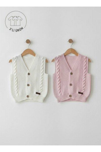 Bebemio Boutique Örgü kız Bebek Yeleği 2'li Düğme Detaylı Triko Kumaş