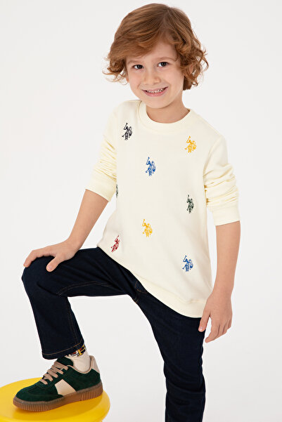 U.S. Polo Assn. سويت شيرت برقبة دائرية للأولاد باللون الكريمي 50316501-VR256