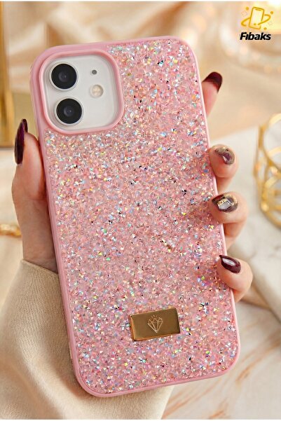 Fibaks İphone 11 Uyumlu Kılıf Içi Kadife Elmas Tasarımlı Pembe Taşlı Işıltılı Pırlanta Silikon Kapak