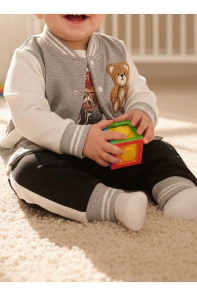 Akcan 3 Piece Teddy Bear Embroidered College Style Baby Set