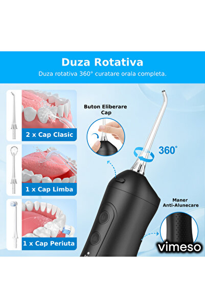 Vimeso Portable Oral Irrigator, 1600 rpm, 4 Programs, 300ml Reservoir, 4 Nozzles Included, Black