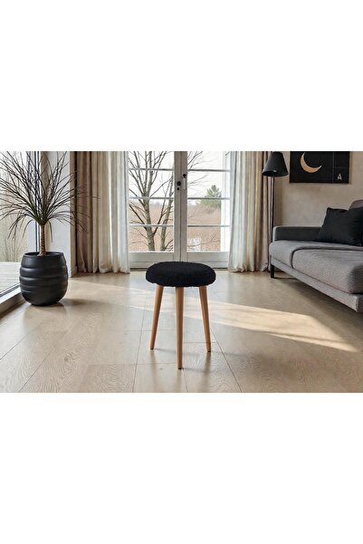 Framgan Modern Ahşap Ayaklı Teddy Kumaş Tabure – Makyaj Masası & Ayak Dinlendirme – Elegant Siyah