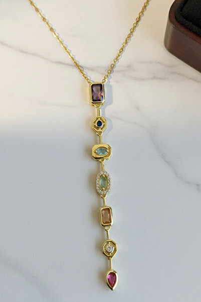 Birmem Kadın Kararmaz Çelik Çok Renkli Geometrik Taşlı Y Model Sallantı Kolye