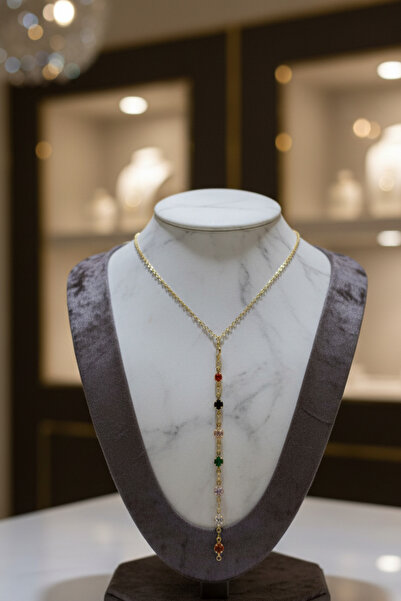 Birmem Kadın Çok Renkli Zirkon Taşlı Minimal Tasarım Altın Kaplama Çelik Kolye