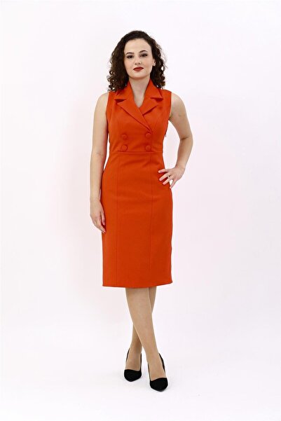 ÖNDER ÖZSOY Yakalı Kolsuz Düğmeli Elbise-Turuncu