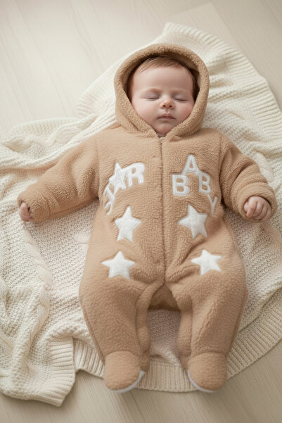 eomix kids bebek tulum kışlık welsoft kumaş nakış desenli şapkalı çıtçıtlı