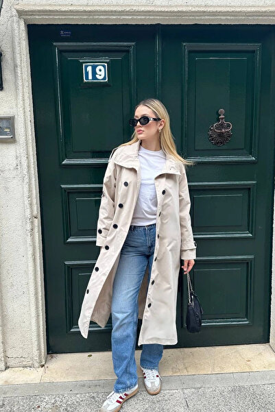 VİSKALİ Kemerli Dik Yaka Premium Uzun Krem Trençkot