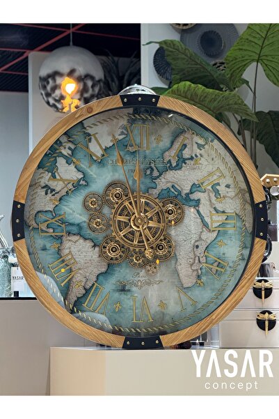 YASAR CONCEPT Terratime Dünya Haritalı Ahşap Çarklı Duvar Saati 60 Cm