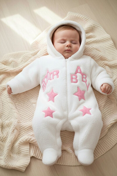 eomix kids bebek tulum kışlık welsoft kumaş nakış desenli şapkalı çıtçıtlı