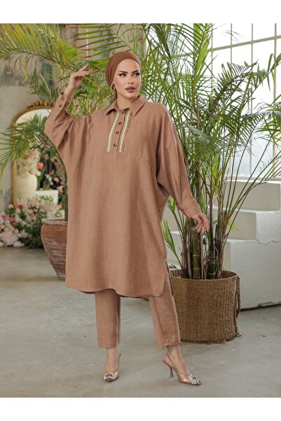 HİJABAYA Туніка з ґудзиками та мереживною обробкою з льону