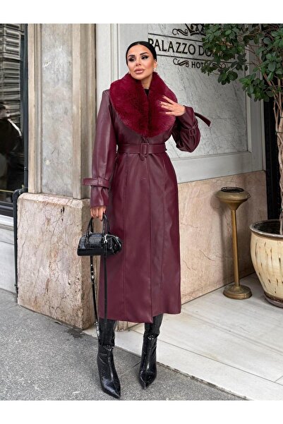 maymagaza Loyra Kürk Detaylı Deri Kaban Bordo