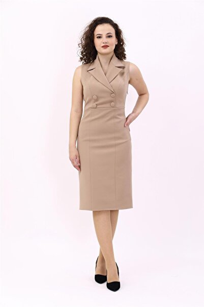 ÖNDER ÖZSOY Yakalı Kolsuz Düğmeli Elbise-Taş