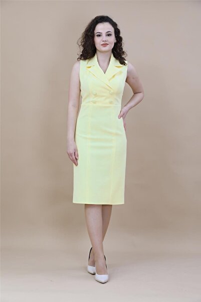 ÖNDER ÖZSOY Yakalı Kolsuz Düğmeli Elbise-sarı