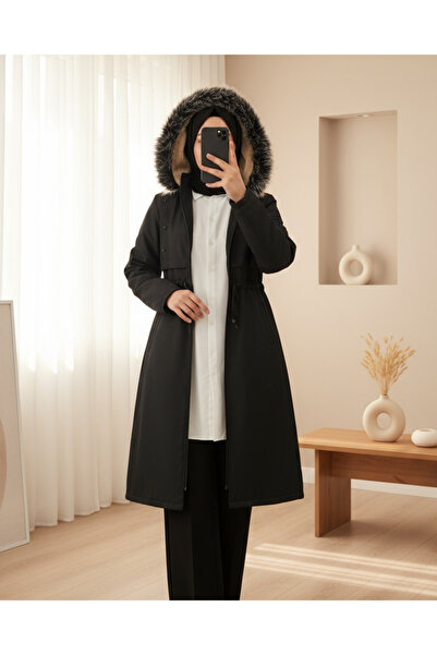 HİJABAYA Metal Yıldız Detaylı Kapşonlu Uzun Kaban
