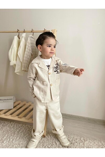 miabambim Costum pentru băiat bej din 3 piese cu jachetă de in