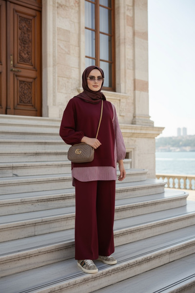 Aselim Hijap Moda Γυναικείο Σετ Χιτζάμπ Σετ Πουκάμισο Διπλό Σετ Πουκάμισο Σκούρο Βουργουνδία