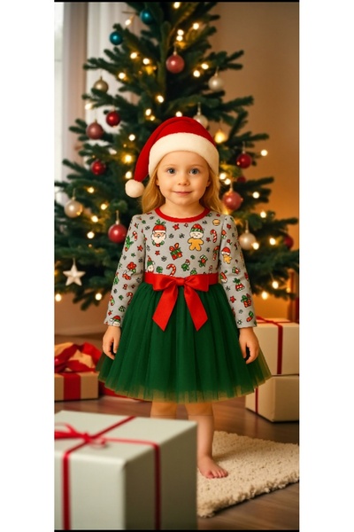 HEPSİMİNNAK Kız Çocuk Kırmızı Kurdela Detaylı Yeşil Tütülü Yılbaşı Elbise Gir...