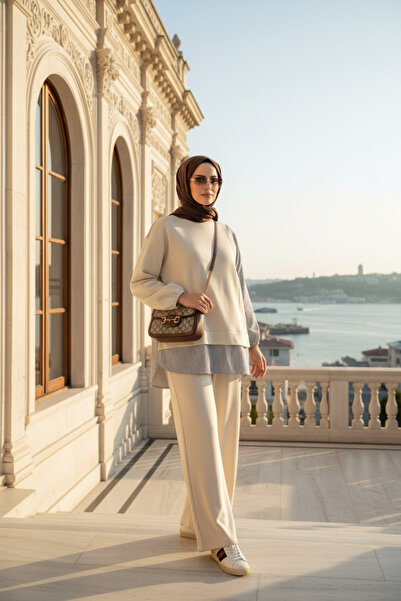 Aselim Hijap Moda Γυναικείο Σετ Χιτζάμπ Σετ Πουκάμισο Δύο Τεμάχια Βανίλια